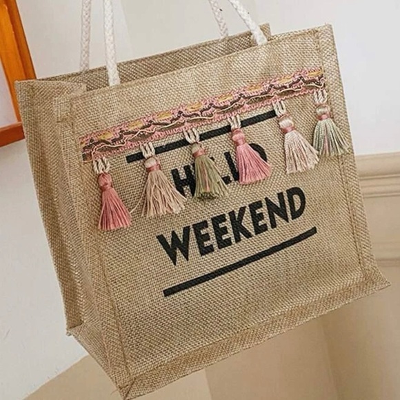 Hello Weekend Tassel Canvas Mini Tote Bag - Picture 2 of 12